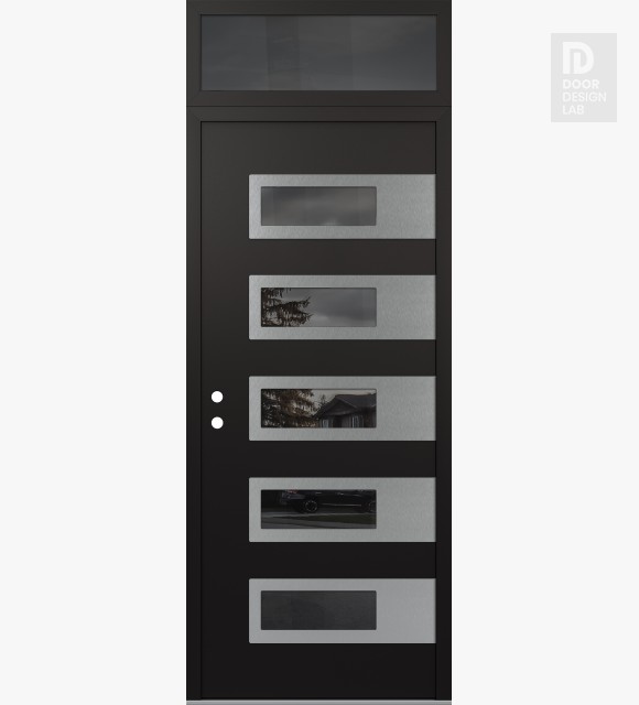 Modern Steel Front Door Diamond D3 36" x 96" black/black mirrored Glass Panel stainless steel RHI with Transom mirrored Glass