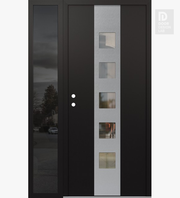 Modern Steel Front Door DIAMOND A13 50" X 80" BLACK/BLACK CLEAR GLASS PANEL STAINLESS STEEL RHI WITH SIDELITE MIRRORED GLASS