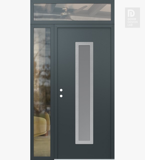 Modern Steel Front Door DIAMOND A11 48" X 96" ANTHRACITE/ANTHRACITE FROSTED GLASS PANEL STAINLESS STEEL RHI WITH SIDELITE AND TRANSOM CLEAR GLASS