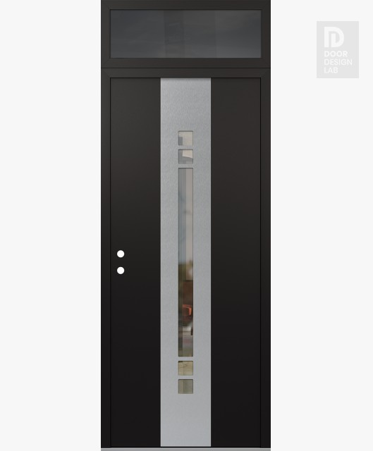 Modern Steel Front Door DIAMOND A4 36" X 96" BLACK/BLACK CLEAR GLASS PANEL STAINLESS STEEL RHI WITH TRANSOM MIRRORED GLASS
