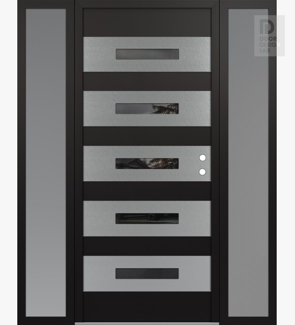 Modern Steel Front Door Diamond D9 64" x 80" black/black mirrored Glass Panel stainless steel LHI with 2 Sidelites frosted Glass