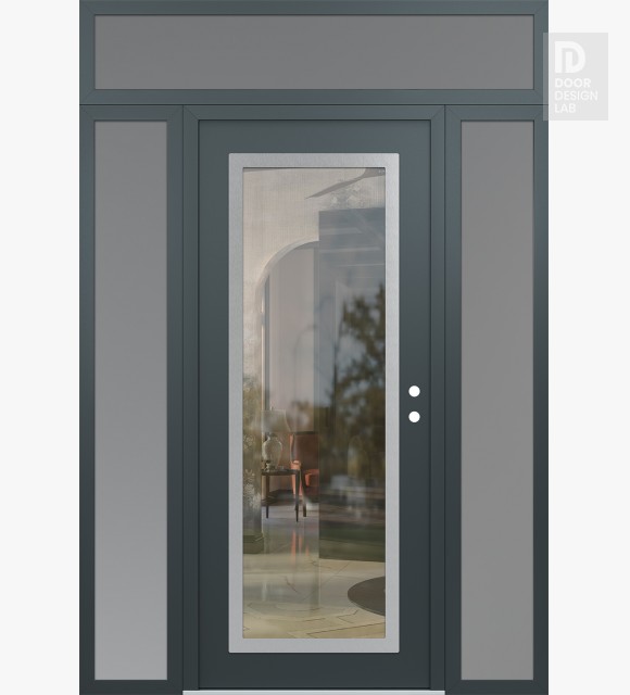 Modern Steel Front Door Diamond C1 64" x 96" anthracite/anthracite clear Glass Panel stainless steel LHI with 2 Sidelites and Transom frosted Glass