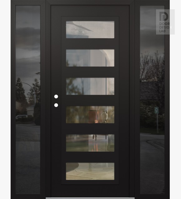 Modern Steel Front Door Diamond C9 68" x 80" black/black clear Glass Panel black RHI with 2 Sidelites mirrored Glass