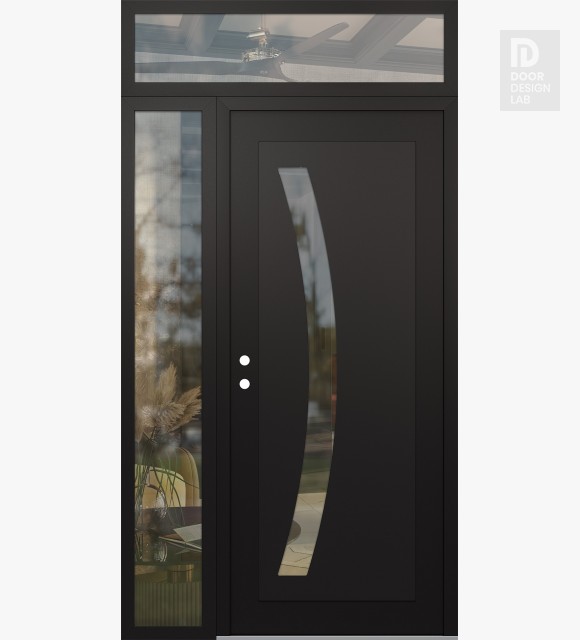 Modern Steel Front Door Diamond C4 50" x 96" black/black clear Glass Panel black RHI with Sidelite and Transom clear Glass