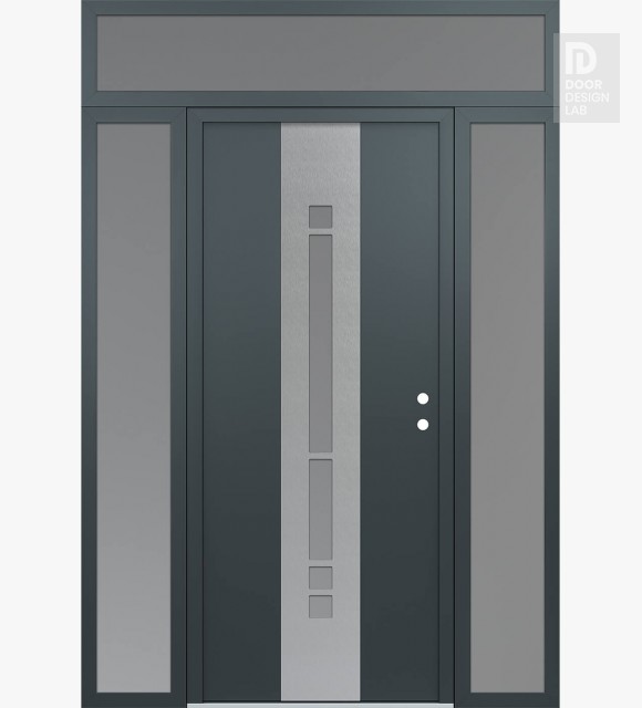 Modern Steel Front Door DIAMOND A3 60" X 96" ANTHRACITE/ANTHRACITE FROSTED GLASS PANEL STAINLESS STEEL LHI WITH 2 SIDELITES AND TRANSOM FROSTED GLASS