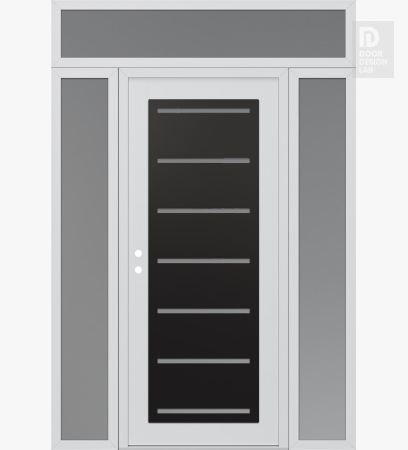 Modern Steel Front Door Diamond C11 64" x 96" white/white frosted Glass Panel black RHI with 2 Sidelites and Transom frosted Glass