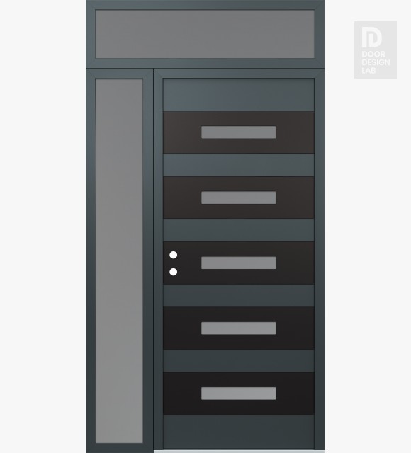 Modern Steel Front Door Diamond D9 52" x 96" anthracite/anthracite frosted Glass Panel black RHI with Sidelite and Transom frosted Glass