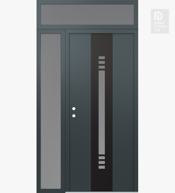Modern Steel Front Door DIAMOND A5 50" X 96" ANTHRACITE/ANTHRACITE FROSTED GLASS PANEL BLACK RHI WITH SIDELITE AND TRANSOM FROSTED GLASS