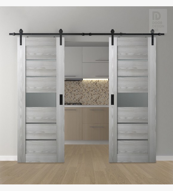 DOUBLE BARN DOOR AVON 07-06 VETRO RIBEIRA ASH 60" X 80" X 1 3/4" BLACK HARDWARE