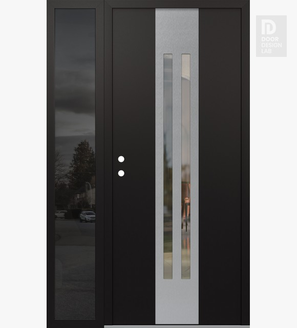 Modern Steel Front Door DIAMOND A8 50" X 80" BLACK/BLACK CLEAR GLASS PANEL STAINLESS STEEL RHI WITH SIDELITE MIRRORED GLASS
