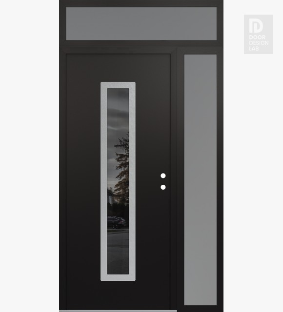 Modern Steel Front Door DIAMOND A11 52" X 96" BLACK/BLACK MIRRORED GLASS PANEL STAINLESS STEEL LHI WITH SIDELITE AND TRANSOM FROSTED GLASS