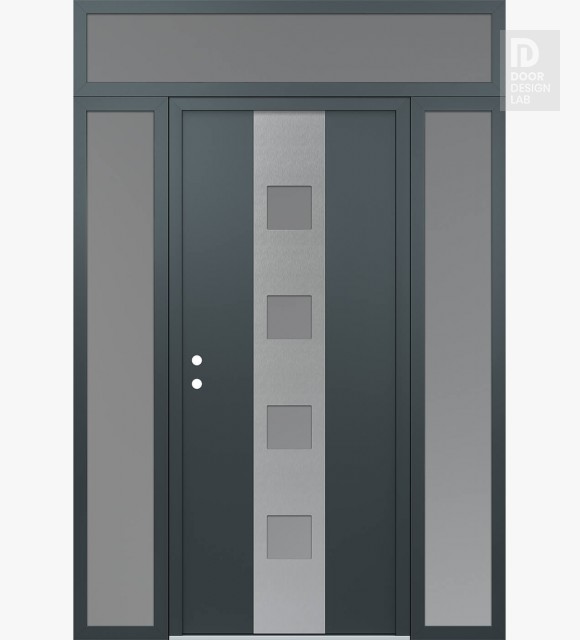 Modern Steel Front Door DIAMOND A12 64" X 96" ANTHRACITE/ANTHRACITE FROSTED GLASS PANEL STAINLESS STEEL RHI WITH 2 SIDELITES AND TRANSOM FROSTED GLASS