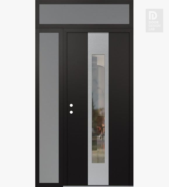 Modern Steel Front Door DIAMOND A1 52" X 96" BLACK/BLACK CLEAR GLASS PANEL STAINLESS STEEL RHI WITH SIDELITE AND TRANSOM FROSTED GLASS