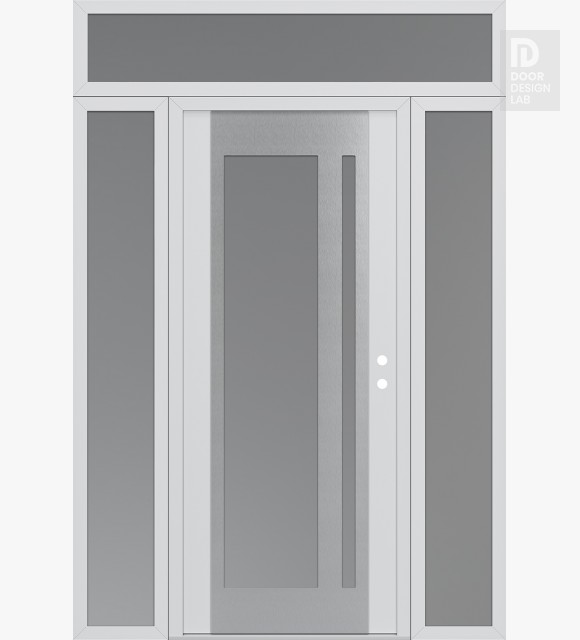 Modern Steel Front Door Diamond C15 60" x 96" white/white frosted Glass Panel stainless steel LHI with 2 Sidelites and Transom frosted Glass