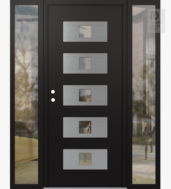 Modern Steel Front Door Diamond D8 64" x 80" black/black clear Glass Panel stainless steel RHI with 2 Sidelites clear Glass