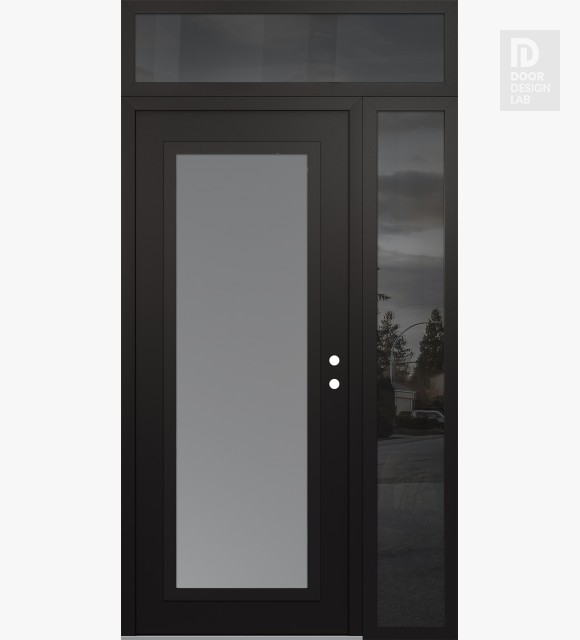 Modern Steel Front Door Diamond C1 52" x 96" black/white frosted Glass Panel black LHI with Sidelite and Transom mirrored Glass