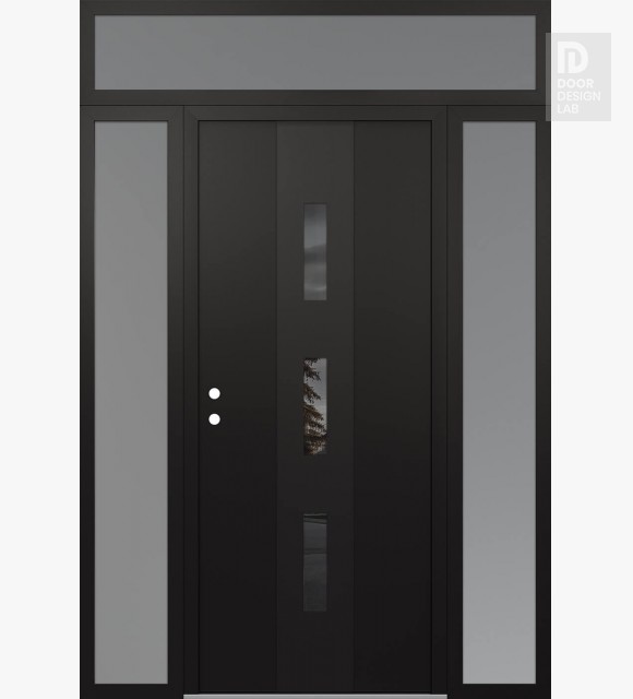 Modern Steel Front Door DIAMOND A7 68" X 96" BLACK/BLACK MIRRORED GLASS PANEL BLACK RHI WITH 2 SIDELITES AND TRANSOM FROSTED GLASS
