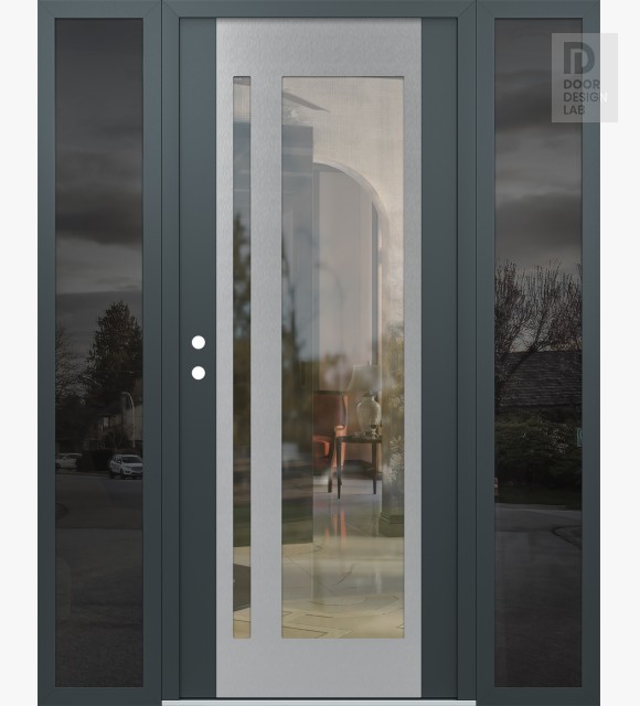 Modern Steel Front Door Diamond C15 60" x 80" anthracite/anthracite clear Glass Panel stainless steel RHI with 2 Sidelites mirrored Glass