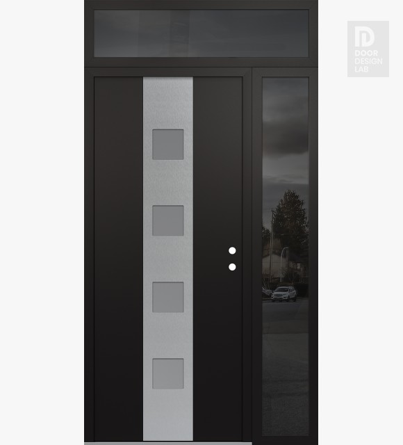 Modern Steel Front Door DIAMOND A12 48" X 96" BLACK/WHITE FROSTED GLASS PANEL STAINLESS STEEL LHI WITH SIDELITE AND TRANSOM MIRRORED GLASS