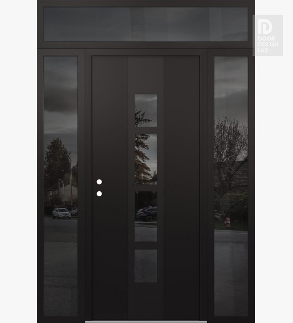 Modern Steel Front Door DIAMOND A10 60" X 96" BLACK/BLACK MIRRORED GLASS PANEL BLACK RHI WITH 2 SIDELITES AND TRANSOM MIRRORED GLASS
