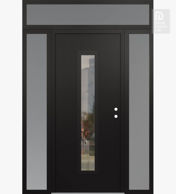 Modern Steel Front Door DIAMOND A11 60" X 96" BLACK/BLACK CLEAR GLASS PANEL BLACK LHI WITH 2 SIDELITES AND TRANSOM FROSTED GLASS
