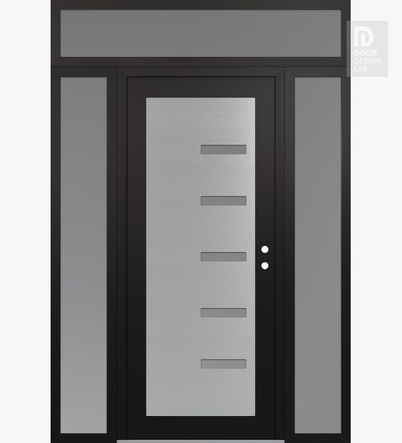 Modern Steel Front Door Diamond C8 68" x 96" black/white frosted Glass Panel stainless steel LHI with 2 Sidelites and Transom frosted Glass