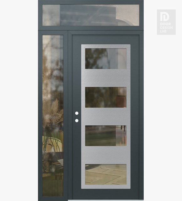 Modern Steel Front Door Diamond C2 48" x 96" anthracite/anthracite clear Glass Panel stainless steel RHI with Sidelite and Transom clear Glass