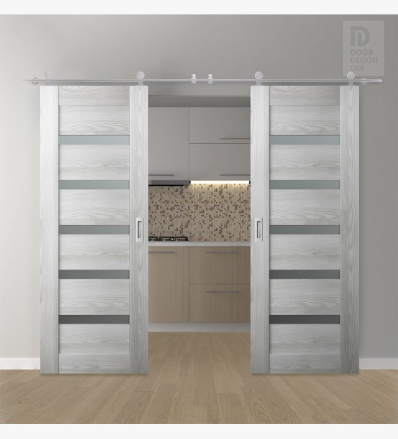 DOUBLE BARN DOOR AVON 07-04 VETRO RIBEIRA ASH 60" X 84" X 1 3/4" STAINLESS STEEL HARDWARE