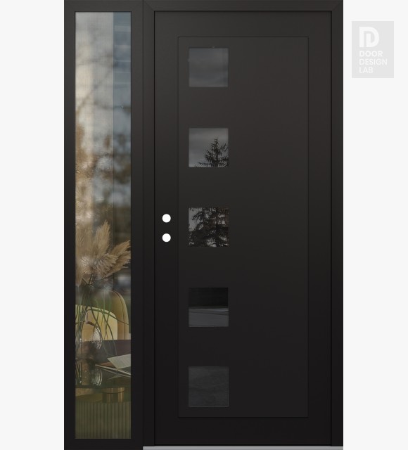 Modern Steel Front Door Diamond C5 52" x 80" black/black mirrored Glass Panel black RHI with Sidelite clear Glass