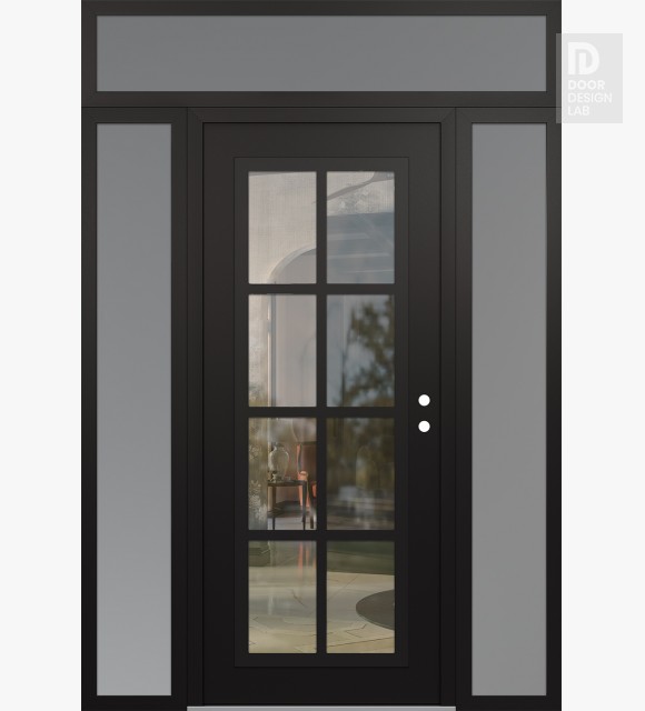 Modern Steel Front Door Diamond C16 60" x 96" black/black clear Glass Panel black LHI with 2 Sidelites and Transom frosted Glass