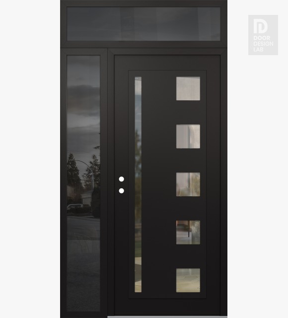 Modern Steel Front Door Diamond C3 50" x 96" black/black clear Glass Panel black RHI with Sidelite and Transom mirrored Glass