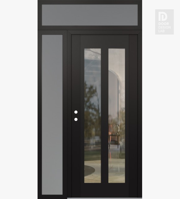 Modern Steel Front Door Diamond C14 48" x 96" black/black clear Glass Panel black RHI with Sidelite and Transom frosted Glass