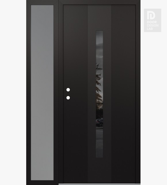 Modern Steel Front Door DIAMOND A2 48" X 80" BLACK/BLACK MIRRORED GLASS PANEL BLACK RHI WITH SIDELITE FROSTED GLASS