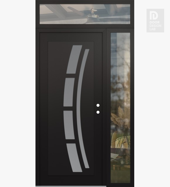Modern Steel Front Door Diamond C12 52" x 96" black/white frosted Glass Panel black LHI with Sidelite and Transom clear Glass