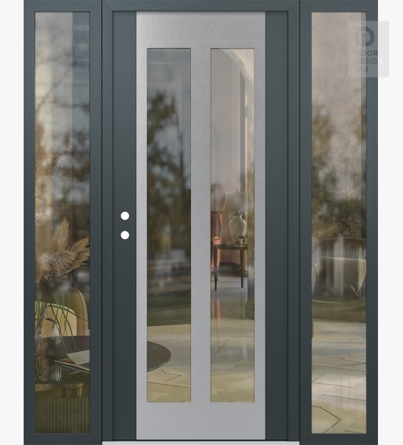 Modern Steel Front Door Diamond C14 64" x 80" anthracite/anthracite clear Glass Panel stainless steel RHI with 2 Sidelites clear Glass
