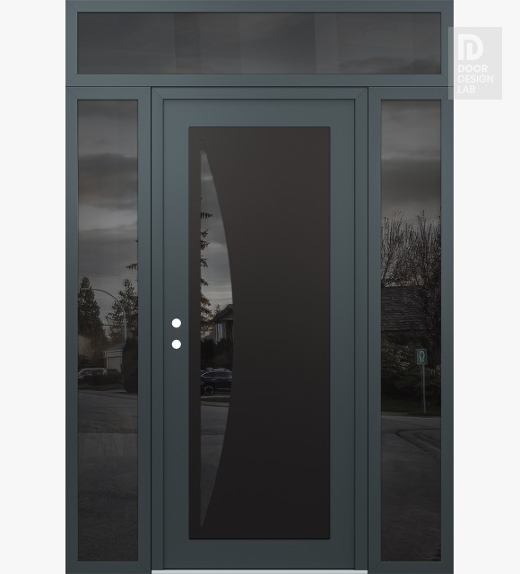 Modern Steel Front Door Diamond C13 60" x 96" anthracite/anthracite mirrored Glass Panel black RHI with 2 Sidelites and Transom mirrored Glass