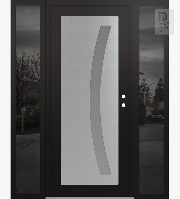 Modern Steel Front Door Diamond C4 68" x 80" black/white frosted Glass Panel stainless steel LHI with 2 Sidelites mirrored Glass
