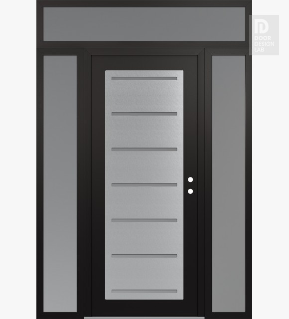 Modern Steel Front Door Diamond C11 64" x 96" black/white frosted Glass Panel stainless steel LHI with 2 Sidelites and Transom frosted Glass