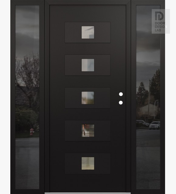 Modern Steel Front Door Diamond D8 64" x 80" black/black clear Glass Panel black LHI with 2 Sidelites mirrored Glass