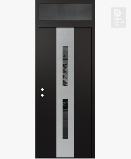 Modern Steel Front Door DIAMOND A6 36" X 96" BLACK/BLACK MIRRORED GLASS PANEL STAINLESS STEEL RHI WITH TRANSOM MIRRORED GLASS