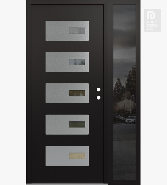 Modern Steel Front Door Diamond D7 52" x 80" black/black clear Glass Panel stainless steel LHI with Sidelite mirrored Glass