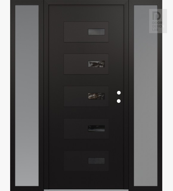 Modern Steel Front Door Diamond D7 60" x 80" black/black mirrored Glass Panel black LHI with 2 Sidelites frosted Glass