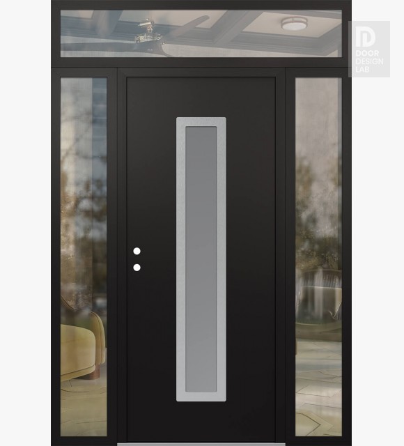 Modern Steel Front Door DIAMOND A11 60" X 96" BLACK/WHITE FROSTED GLASS PANEL STAINLESS STEEL RHI WITH 2 SIDELITES AND TRANSOM CLEAR GLASS