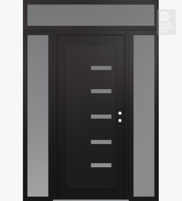 Modern Steel Front Door Diamond C8 68" x 96" black/white frosted Glass Panel black LHI with 2 Sidelites and Transom frosted Glass