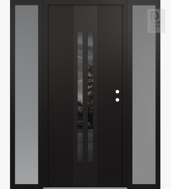 Modern Steel Front Door DIAMOND A8 68" X 80" BLACK/BLACK MIRRORED GLASS PANEL BLACK LHI WITH 2 SIDELITES FROSTED GLASS