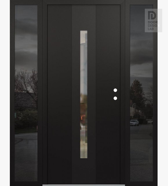 Modern Steel Front Door DIAMOND A2 64" X 80" BLACK/BLACK CLEAR GLASS PANEL BLACK LHI WITH 2 SIDELITES MIRRORED GLASS