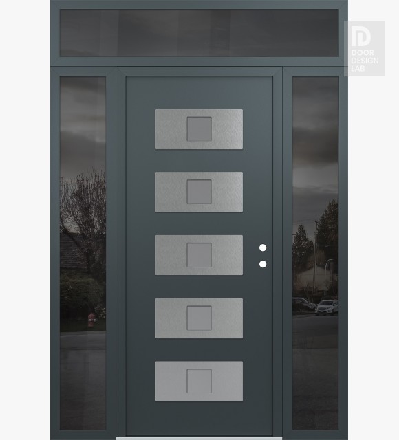 Modern Steel Front Door Diamond D8 60" x 96" anthracite/anthracite frosted Glass Panel stainless steel LHI with 2 Sidelites and Transom mirrored Glass