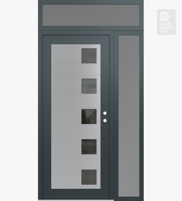 Modern Steel Front Door Diamond C5 52" x 96" anthracite/anthracite mirrored Glass Panel stainless steel LHI with Sidelite and Transom frosted Glass