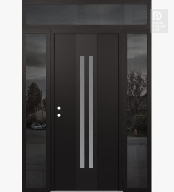 Modern Steel Front Door DIAMOND A8 68" X 96" BLACK/WHITE FROSTED GLASS PANEL BLACK RHI WITH 2 SIDELITES AND TRANSOM MIRRORED GLASS