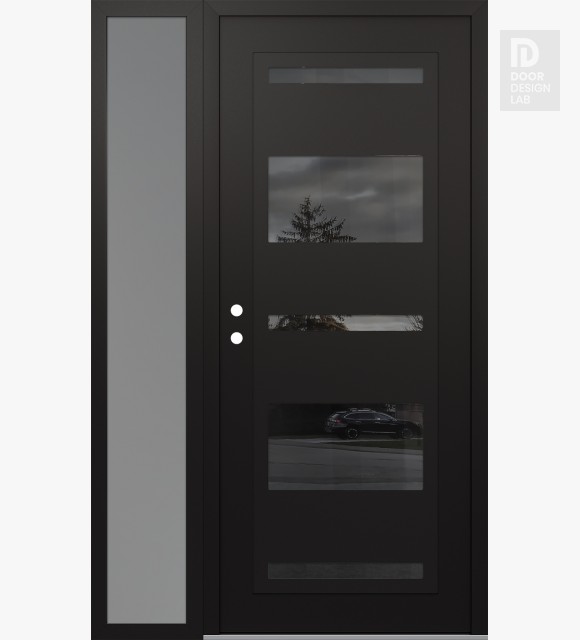 Modern Steel Front Door Diamond C10 48" x 80" black/black mirrored Glass Panel black RHI with Sidelite frosted Glass